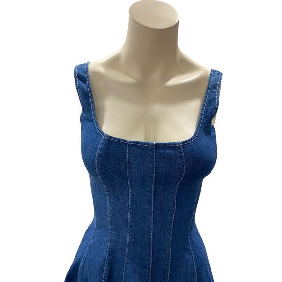 NEW / STAUD Wells Denim Fit Flare Skater Mini Dress 00 Medium Wash - Picture 5 of 8